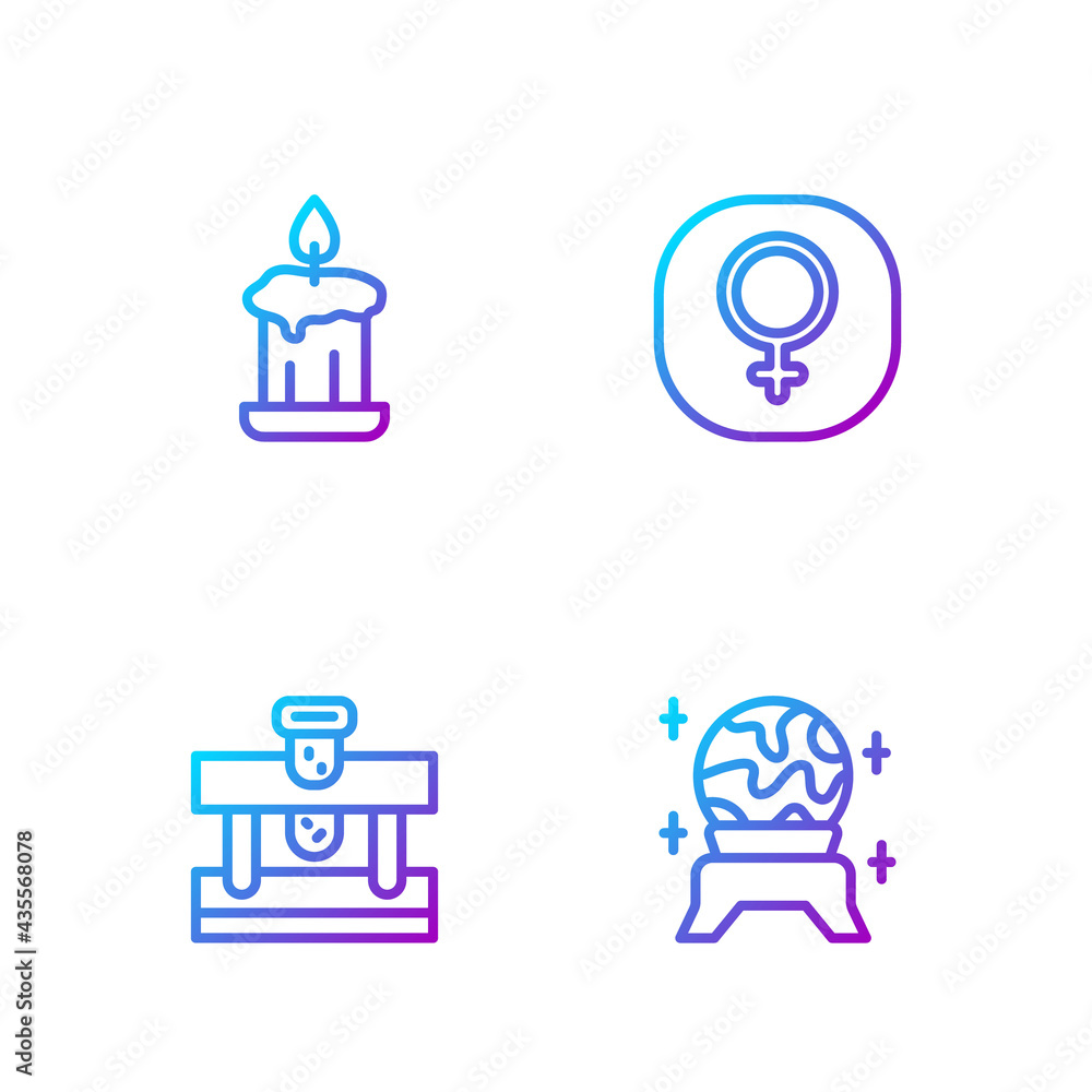 Set line Magic ball, Bottle with potion, Burning candle and Venus. Gradient color icons. Vector