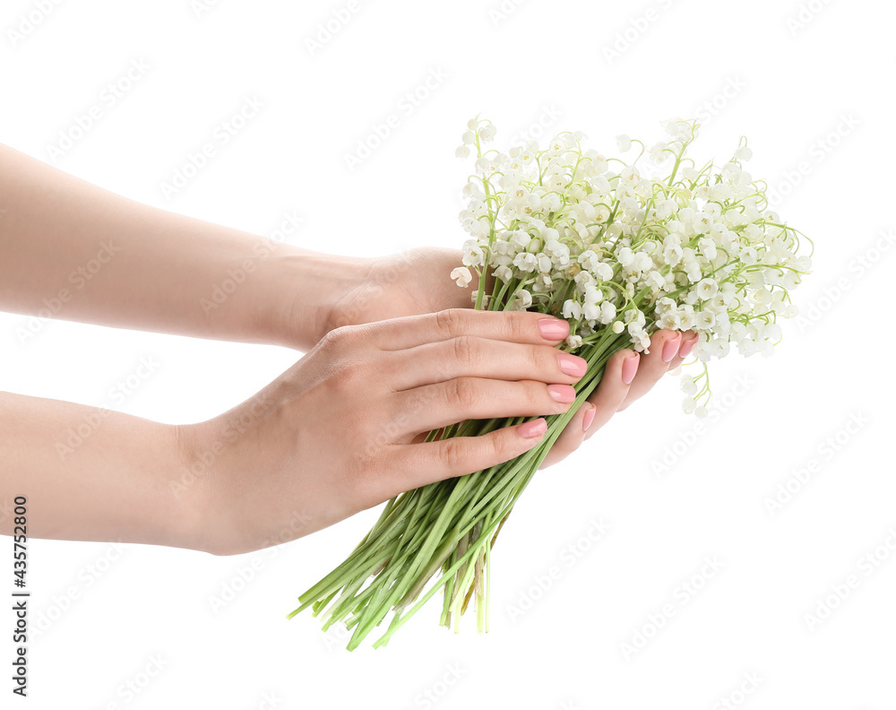 白色背景下美丽的铃兰花的女性双手