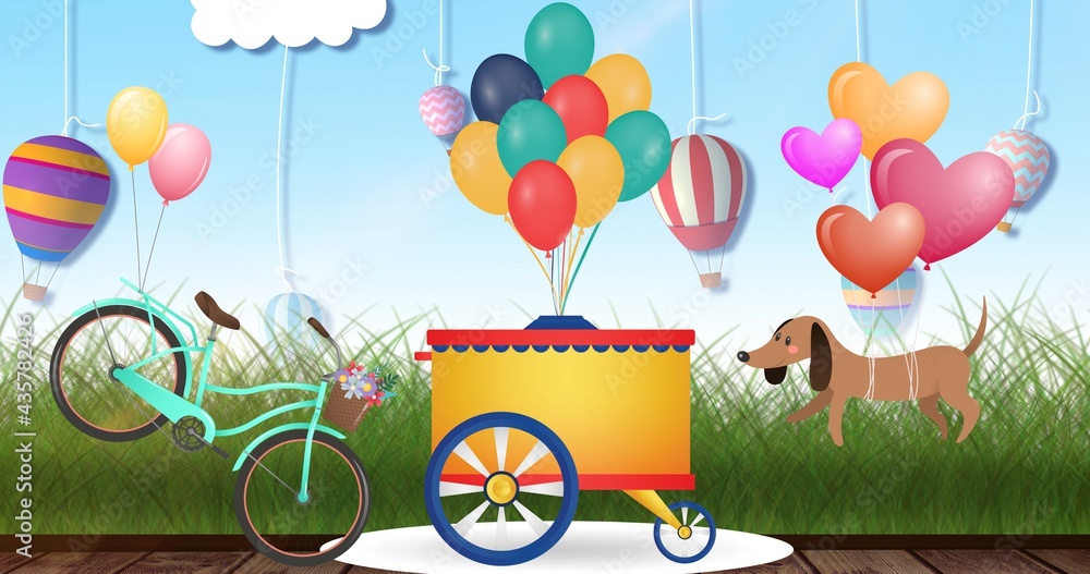 Composition of stand with colourful balloons, bicycle and dog on blue background