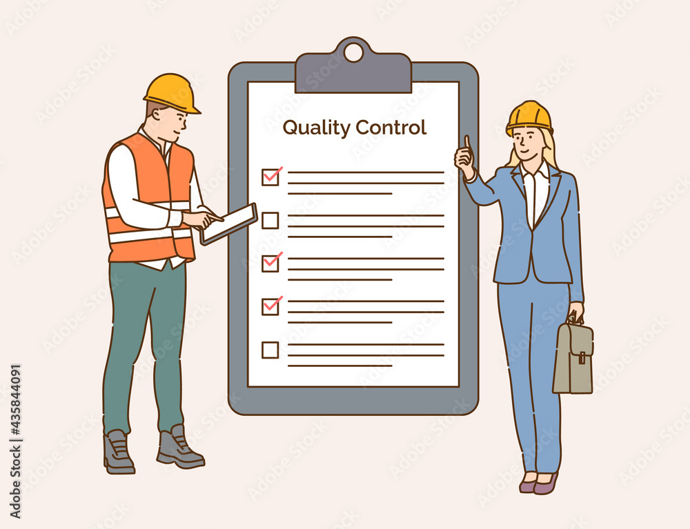 检查表，质量控制，建筑行业概念。工程师团队控制和检查工作