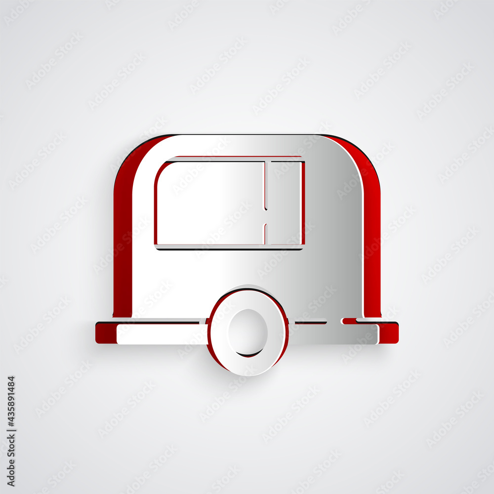 剪纸Rv露营拖车图标隔离在灰色背景上。旅行移动房屋、房车、家庭摄像头