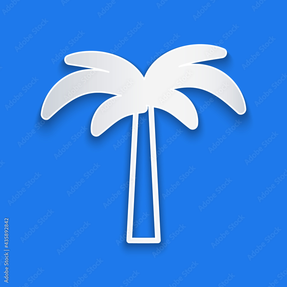 蓝色背景上孤立的热带棕榈树剪纸图标。椰子树。纸艺风格。V