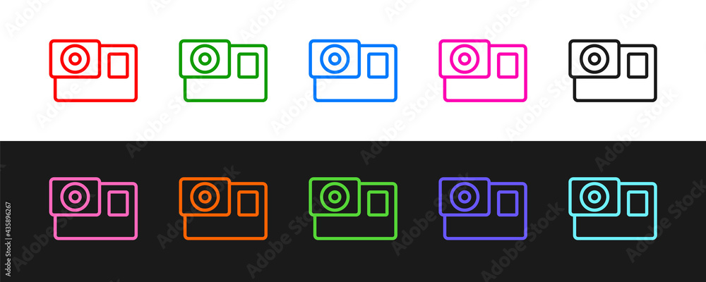 Set line Action extreme camera icon isolated on black and white background. Video camera equipment f