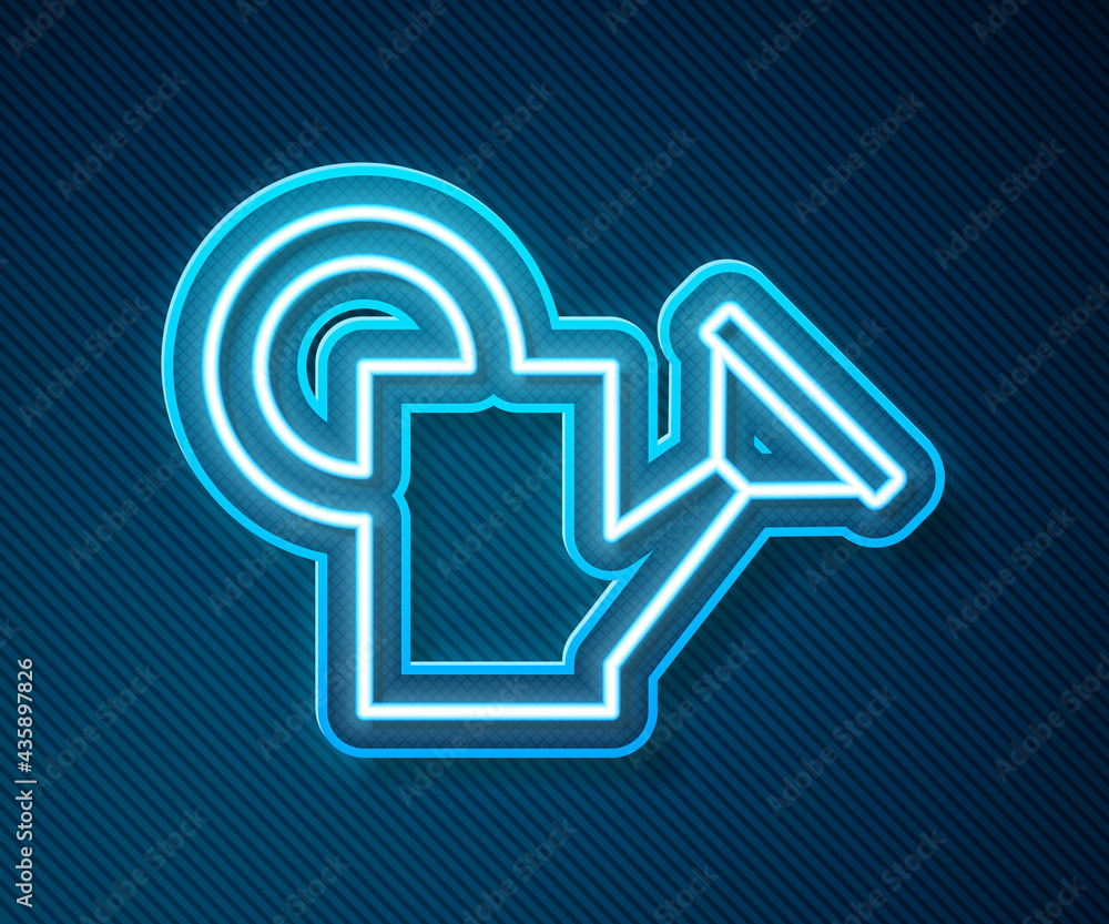 Glowing neon line Watering can icon isolated on blue background. Irrigation symbol. Vector