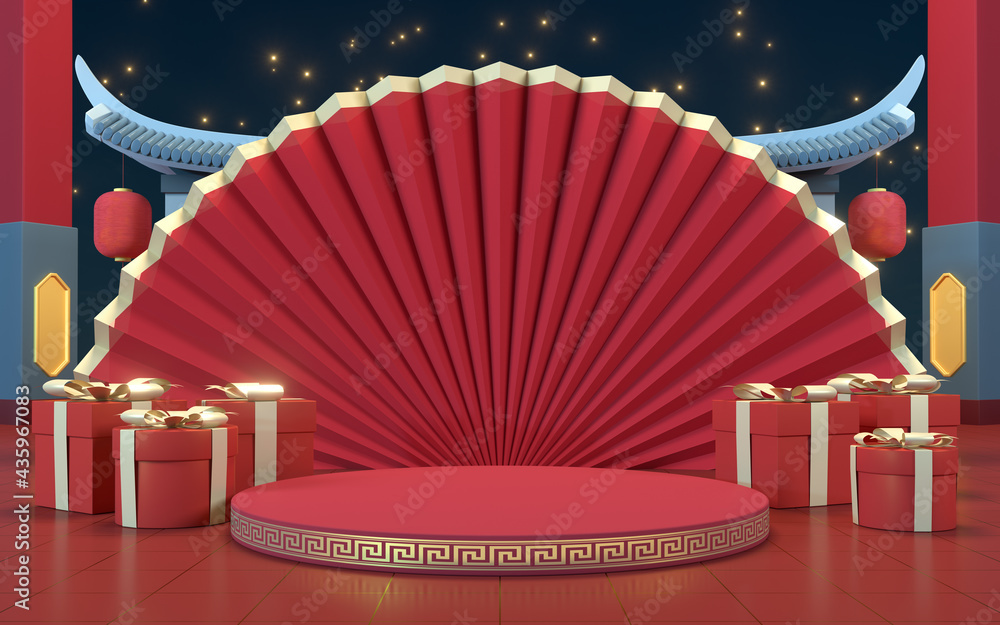 Empty product stage with red background, 3d rendering.