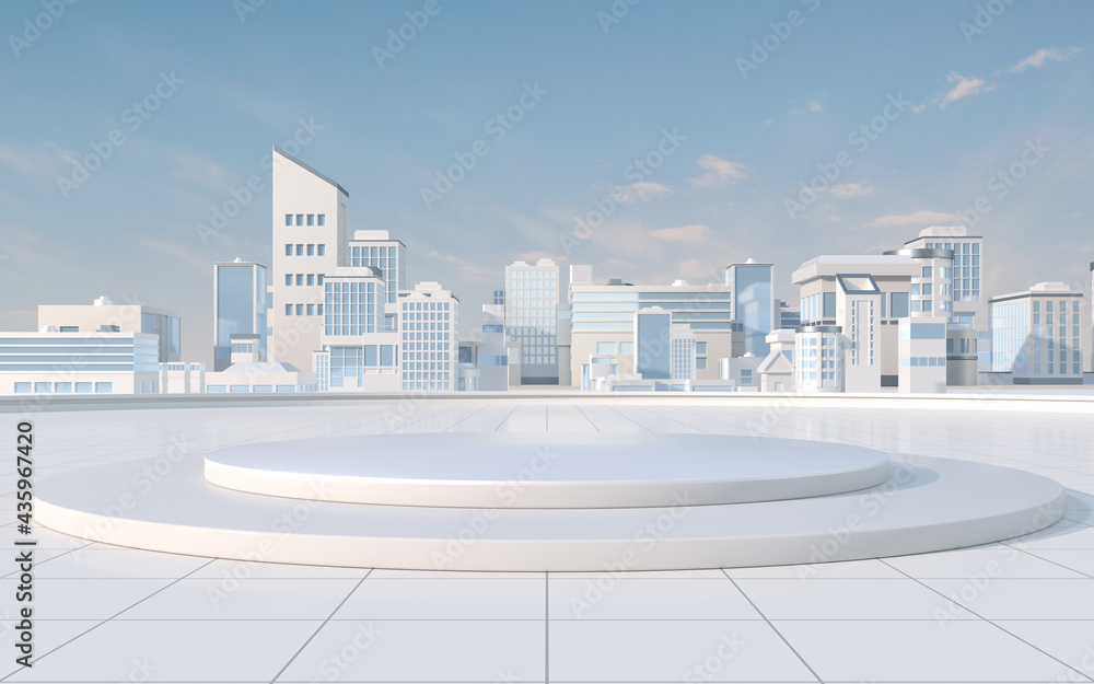 Empty product stage with white model city, 3d rendering.