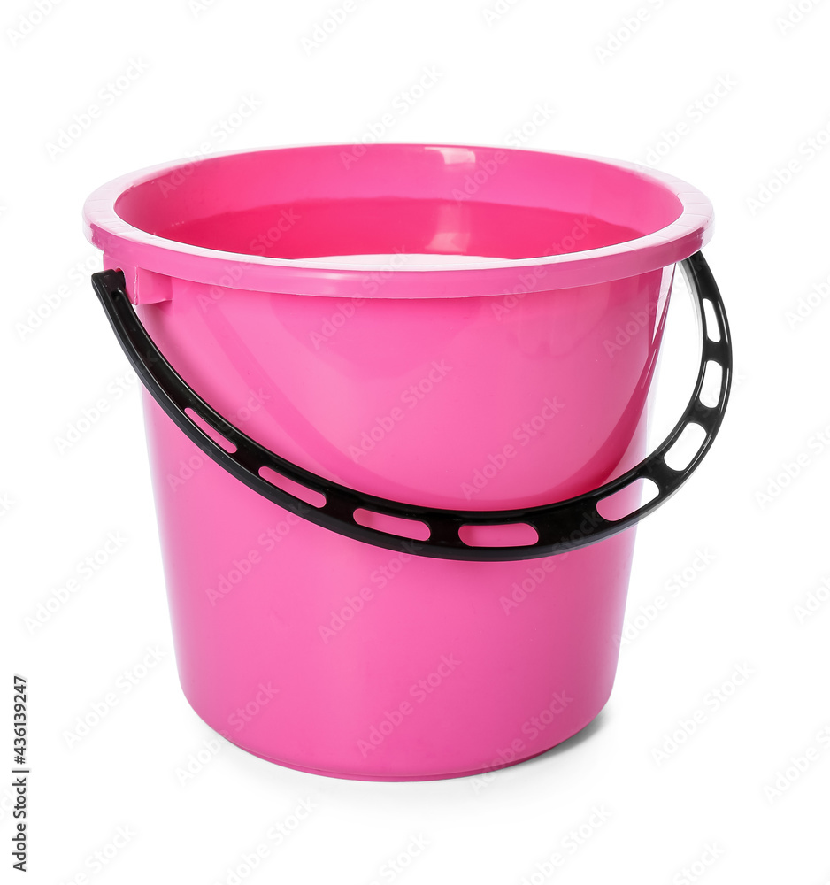 Plastic bucket with water on white background
