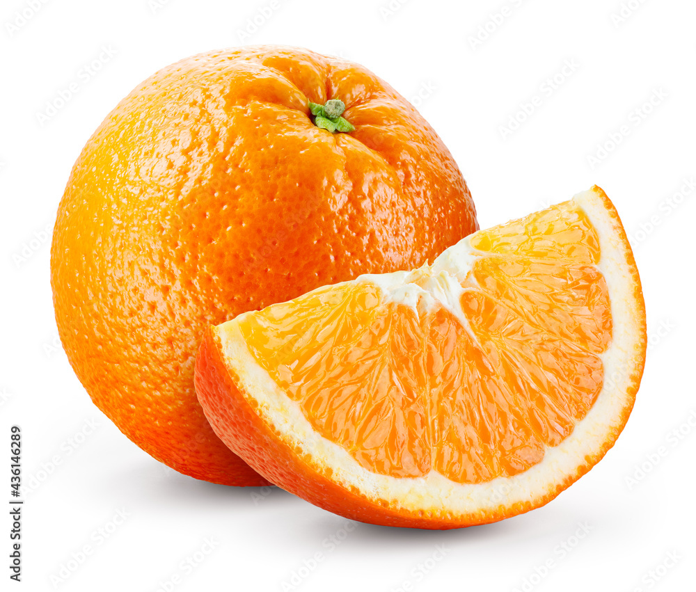 橙色隔离物。白色背景上带切片的橙色水果。带切片的整个橙色水果。完整dep
