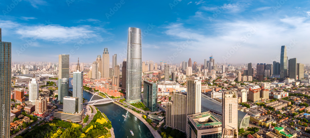 Aerial photograph of skyline of architectural landscape of Tianjin Financial Center