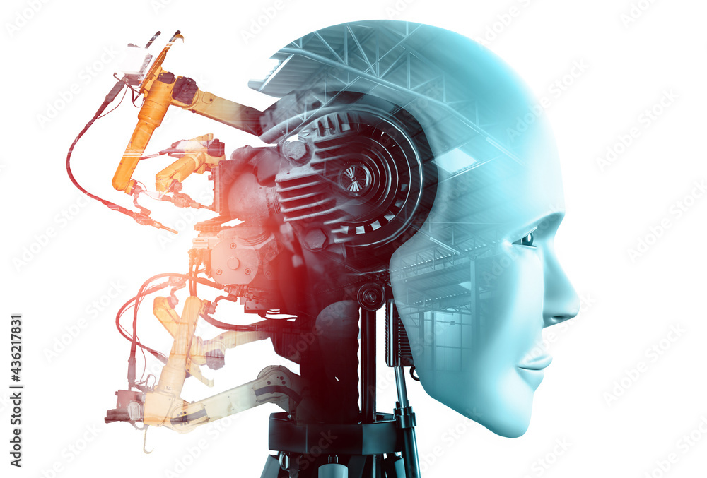 机械化工业机器人和机械臂双曝光图像。人工智能的概念