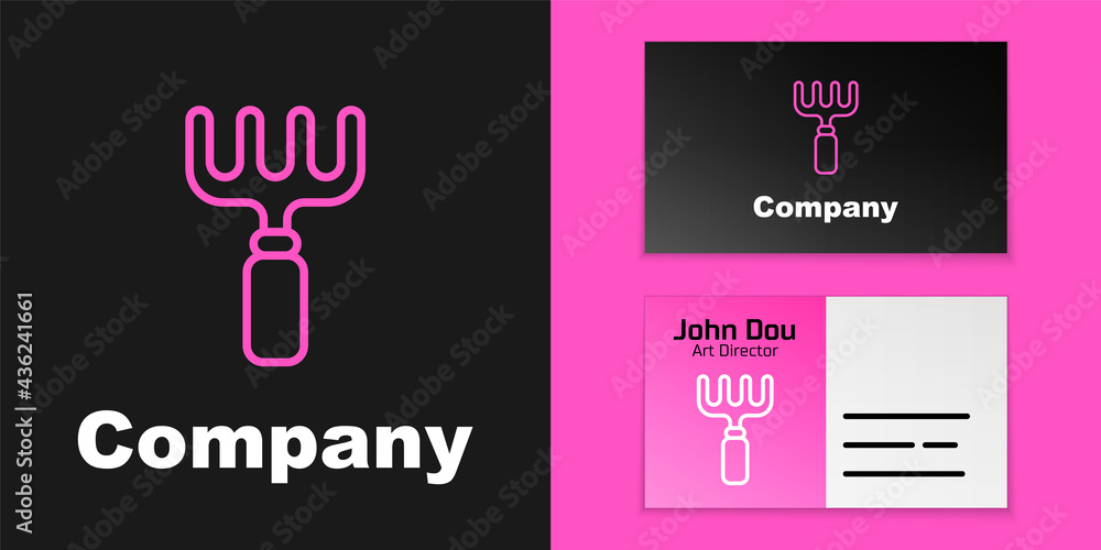 Pink line Garden rake icon isolated on black background. Tool for horticulture, agriculture, farming
