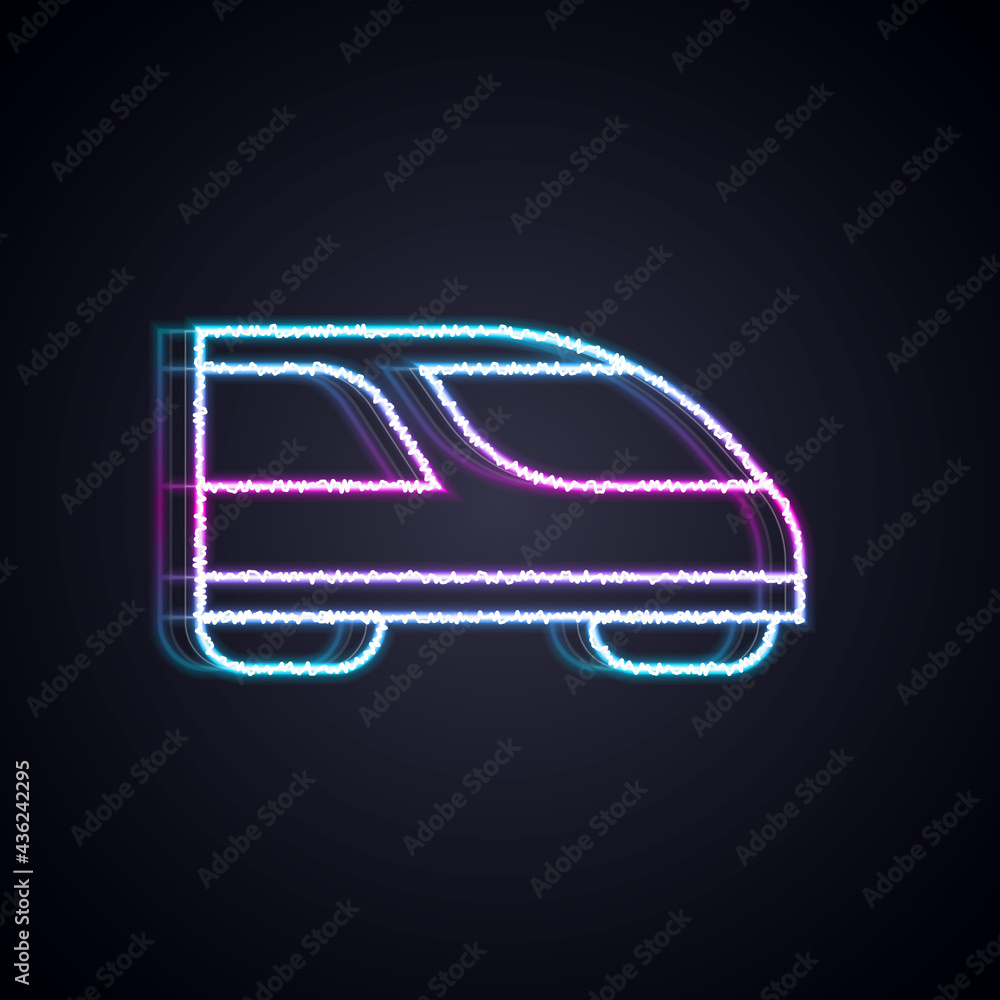 Glowing neon line High-speed train icon isolated on black background. Railroad travel and railway to