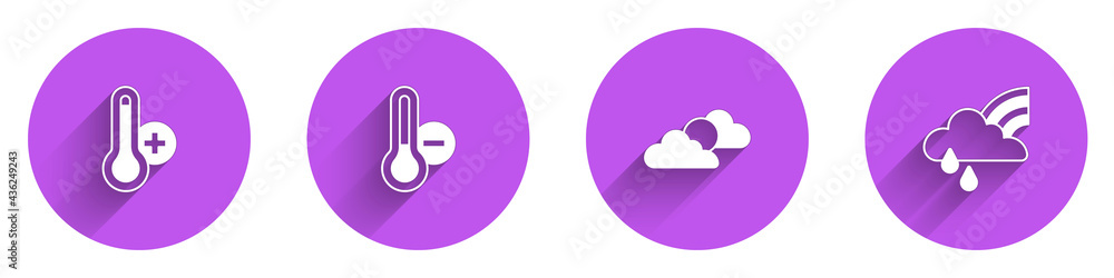 Set Meteorology thermometer, , Sun and cloud weather and Rainbow with rain icon with long shadow. Ve