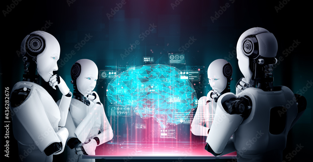 思考AI人形机器人分析全息屏幕，展示AI大脑和人工智能的概念