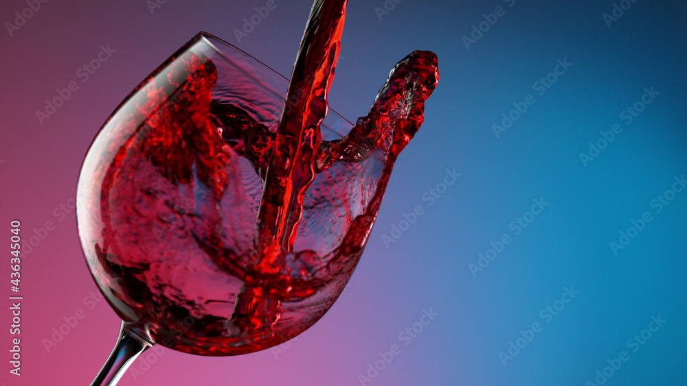 霓虹灯背景下的一杯红酒，特写镜头