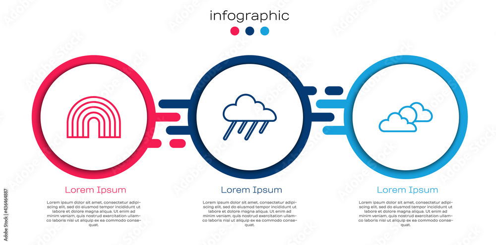 Set line Rainbow, Cloud with rain and Sun and cloud weather. Business infographic template. Vector