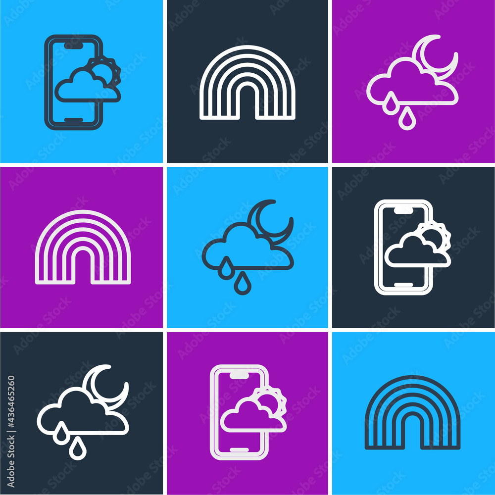 Set line Weather forecast, Cloud with rain and moon and Rainbow icon. Vector