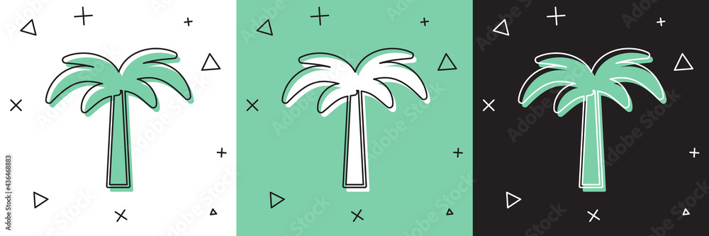 将热带棕榈树图标隔离在白、绿、黑背景上。椰子树。矢量