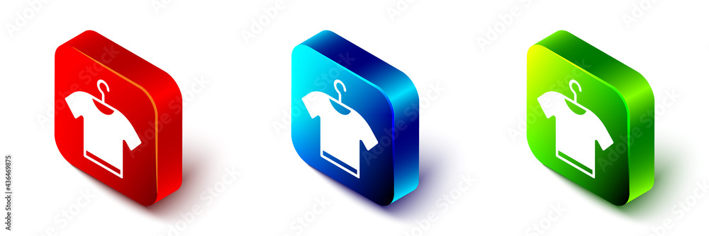 Isometric T-shirt icon isolated on white background. Red, blue and green square button. Vector