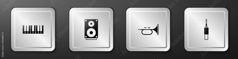 Set Music synthesizer, Stereo speaker, Trumpet and Audio jack icon. Silver square button. Vector