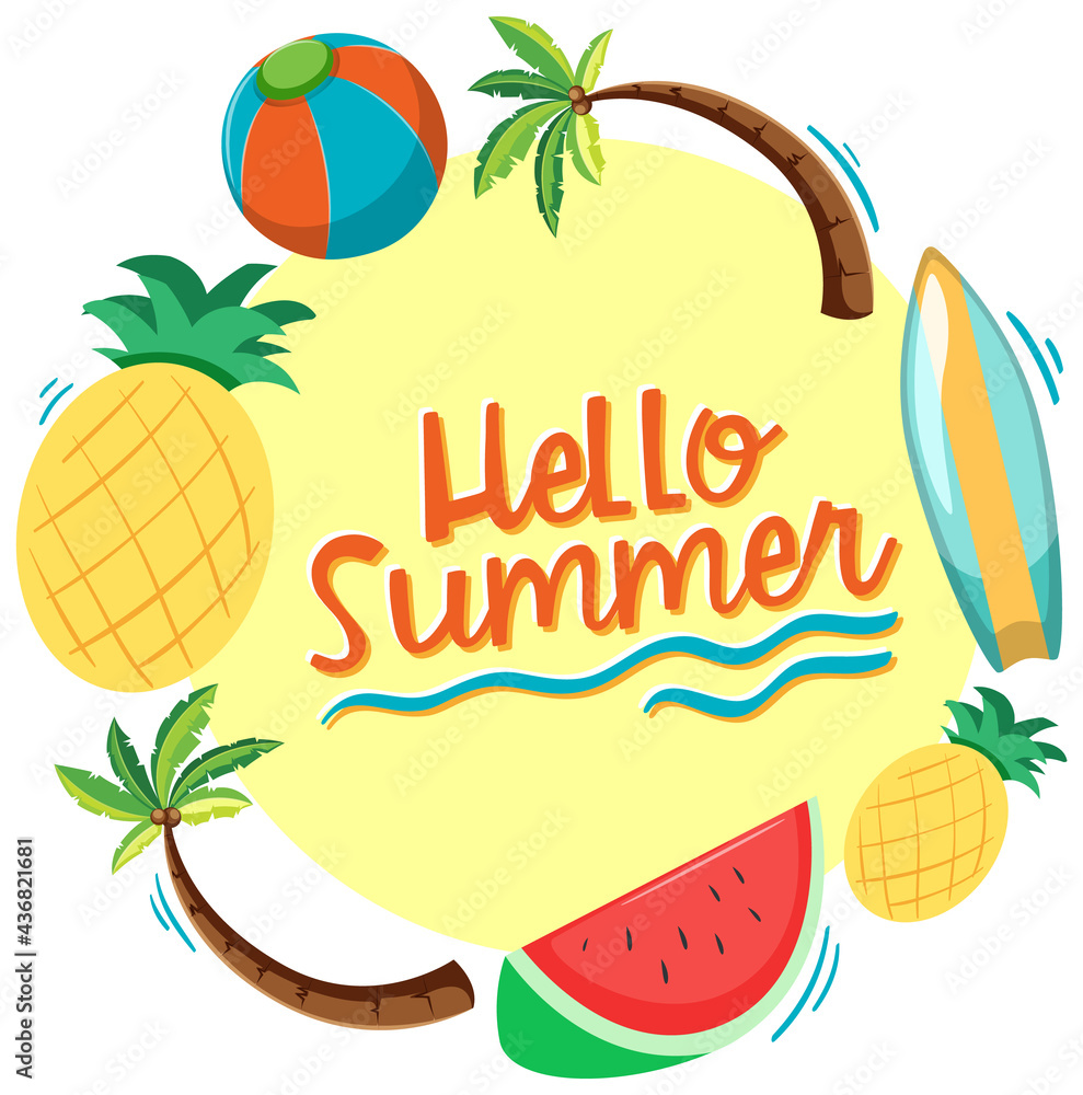 Hello Summer font with summer beach elements isolated
