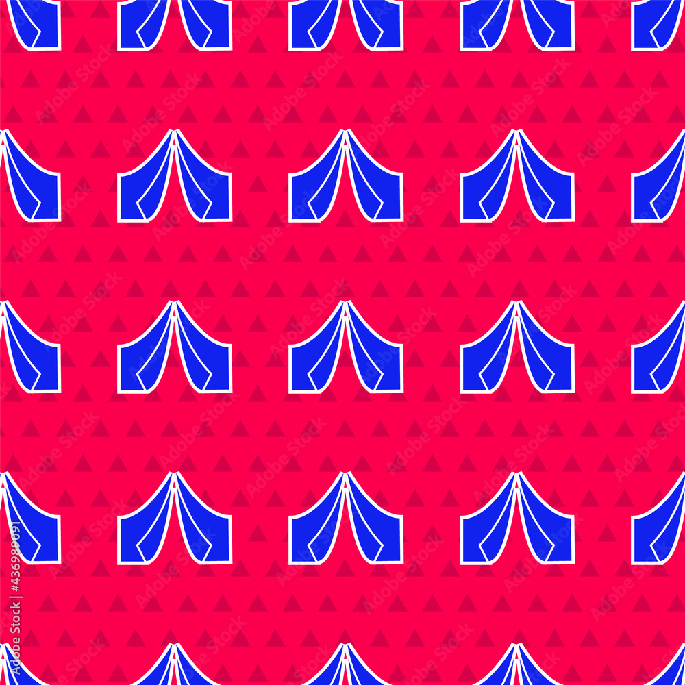 Blue Tourist tent icon isolated seamless pattern on red background. Camping symbol. Vector