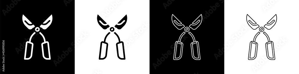 设置园艺手工剪刀，用于修剪黑白背景上隔离的图标。修剪sh