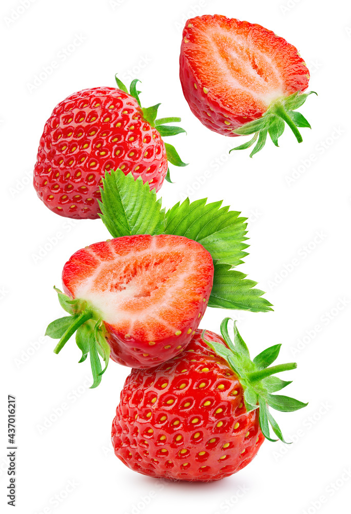 Strawberry isolated. Falling strawberries with leaf on white background. Flying strawberries on whit
