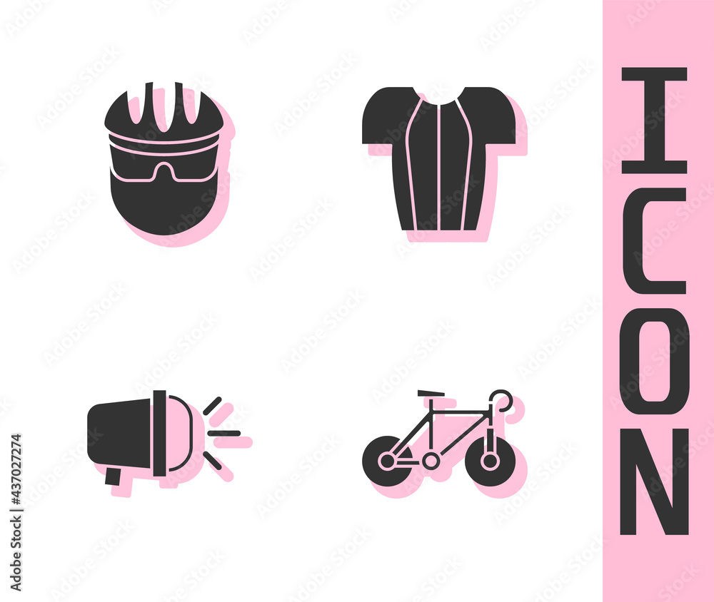 设置自行车、头盔、头灯和骑行t恤图标。矢量