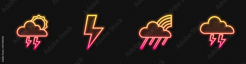 用云和雨、风暴、闪电和发光的霓虹灯图标设置彩虹。矢量