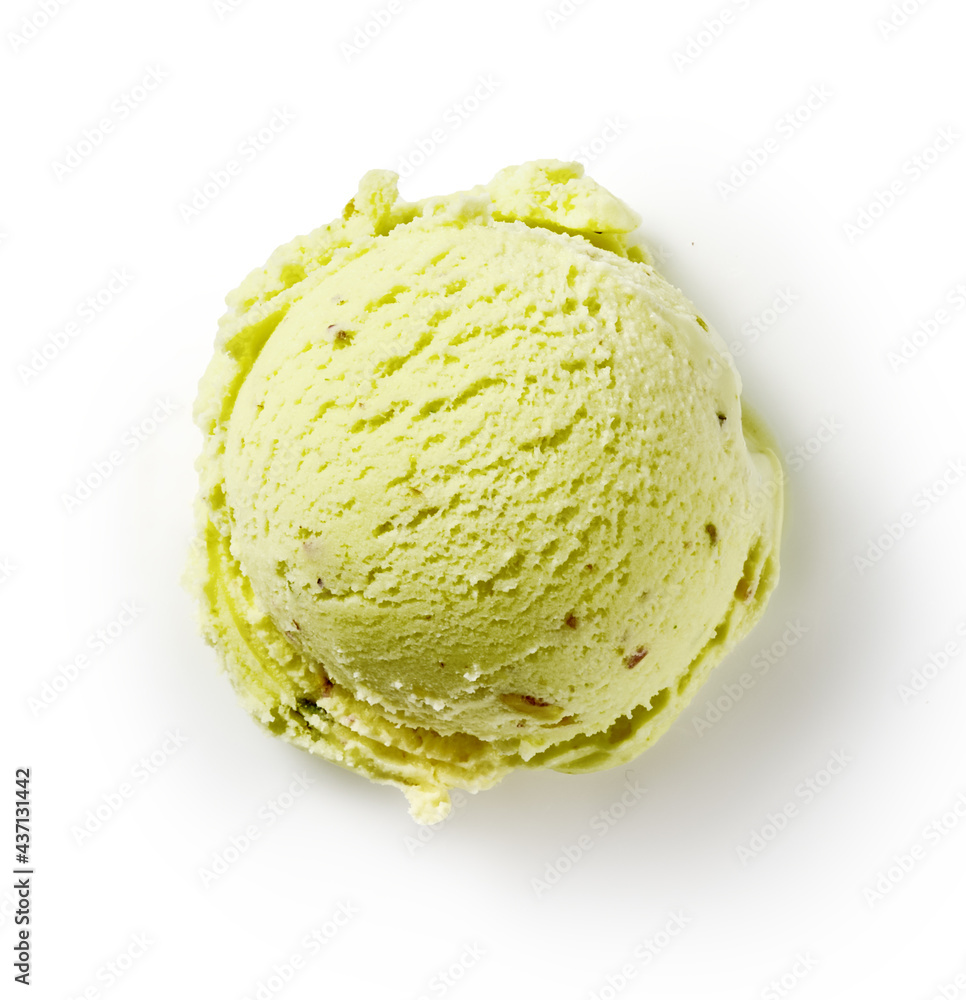 Scoop of pistachio ice cream with pistachio nuts on white background. Top view of ice cream isolated