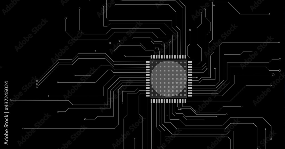 Composition of computer processor circuit board on black background