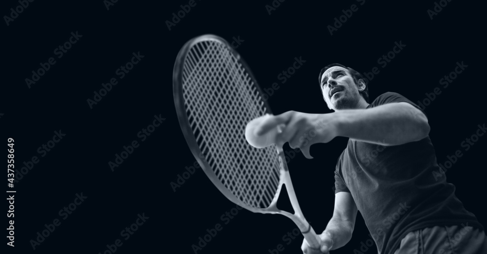 Compostion of male tennis player on black background