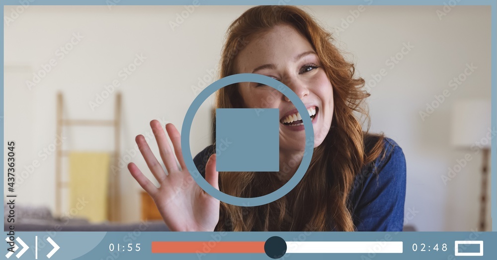 Composition of businesswoman talking on video playback interface screen