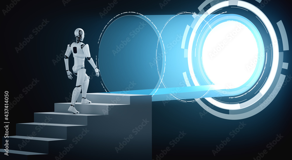 3D rendering robot humanoid walk up stair to success and goals achievement. Concept of AI thinking b