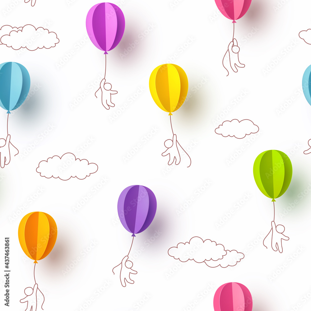 气球与孩子们在白色多云的天空背景上飞行。矢量三维彩色纸气球无缝