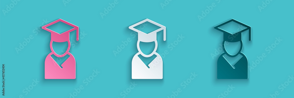 蓝色背景上隔离的剪纸毕业生和毕业帽图标。纸艺风格。矢量