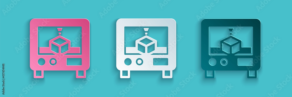 Paper cut 3D printer icon isolated on blue background. 3d printing. Paper art style. Vector
