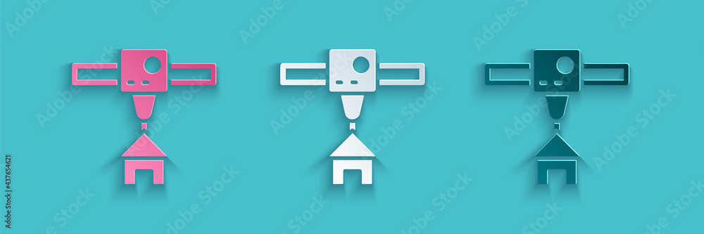 Paper cut 3D printer house icon isolated on blue background. 3d printing. Paper art style. Vector