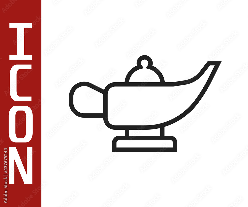 Black line Magic lamp or Aladdin lamp icon isolated on white background. Spiritual lamp for wish. Ve