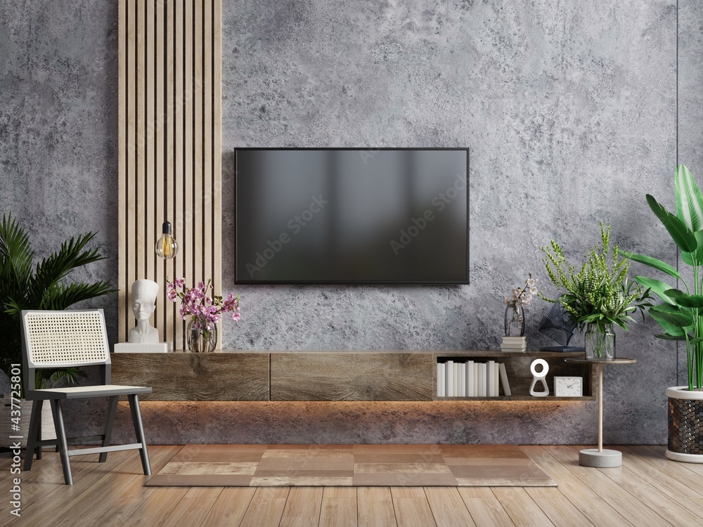 现代客厅里的电视模型，扶手椅和水泥墙背景上的植物。