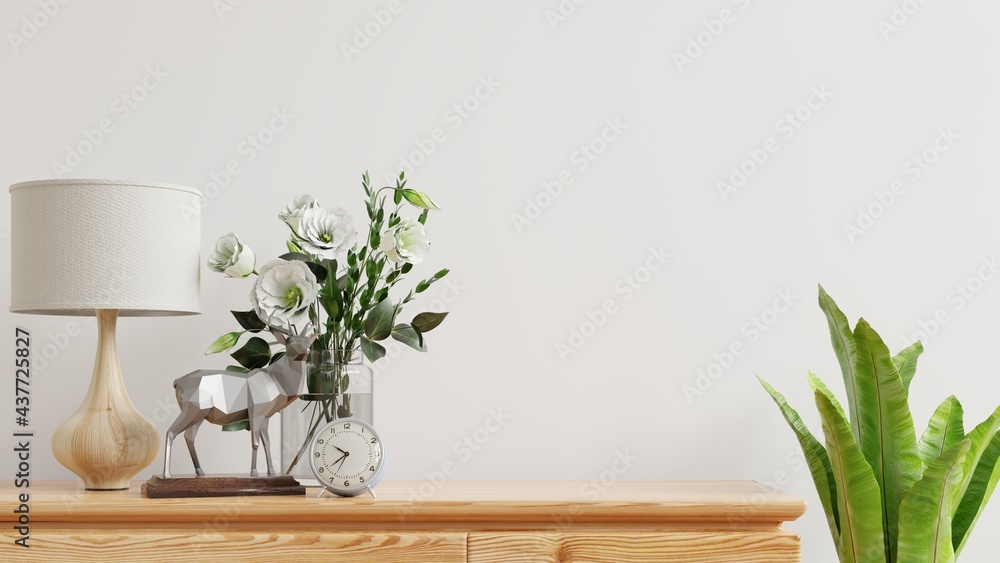 带花瓶、白墙和木制架子的内墙模型。