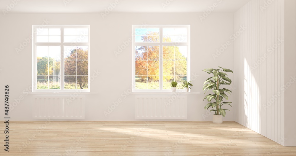 时尚的白色空房间，窗户里有秋天的风景。斯堪的纳维亚室内设计。3D