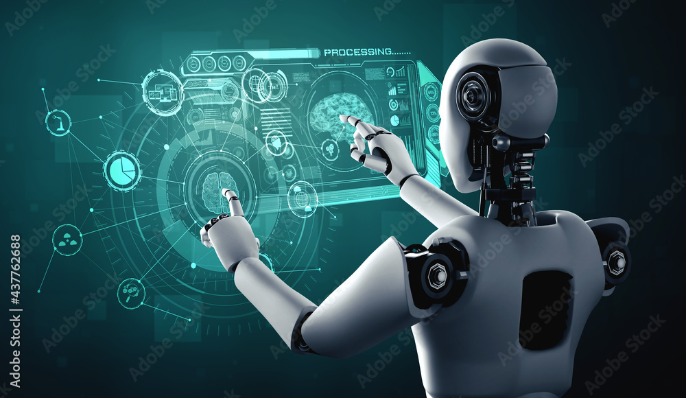 AI人形机器人触摸虚拟全息屏幕，展示AI大脑和人工智能的概念