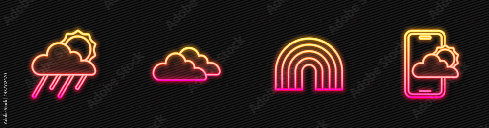 Set line Rainbow, Cloud with rain and sun, and Weather forecast. Glowing neon icon. Vector