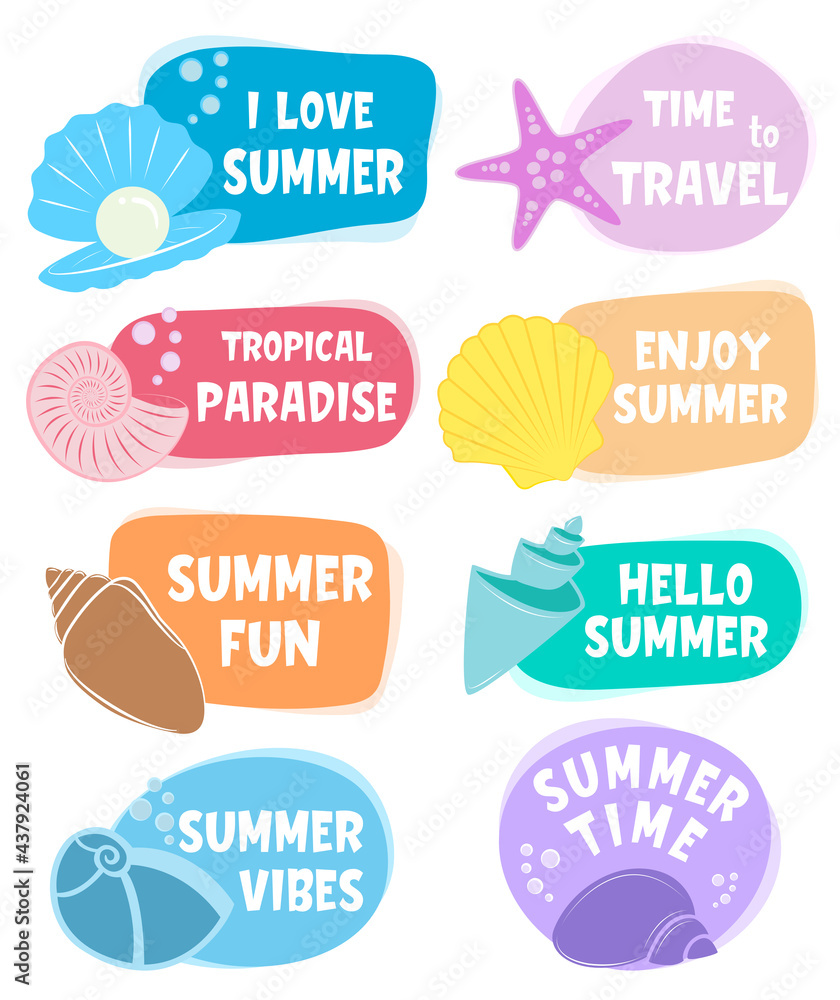 一套夏季标签、标志、避暑、旅游、海滩度假元素