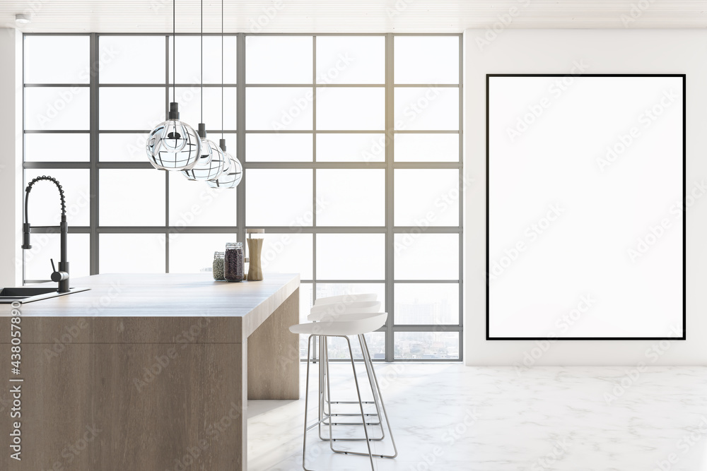 现代厨房内部，带空白框架，用于广告、岛、电器、带cit的窗户
