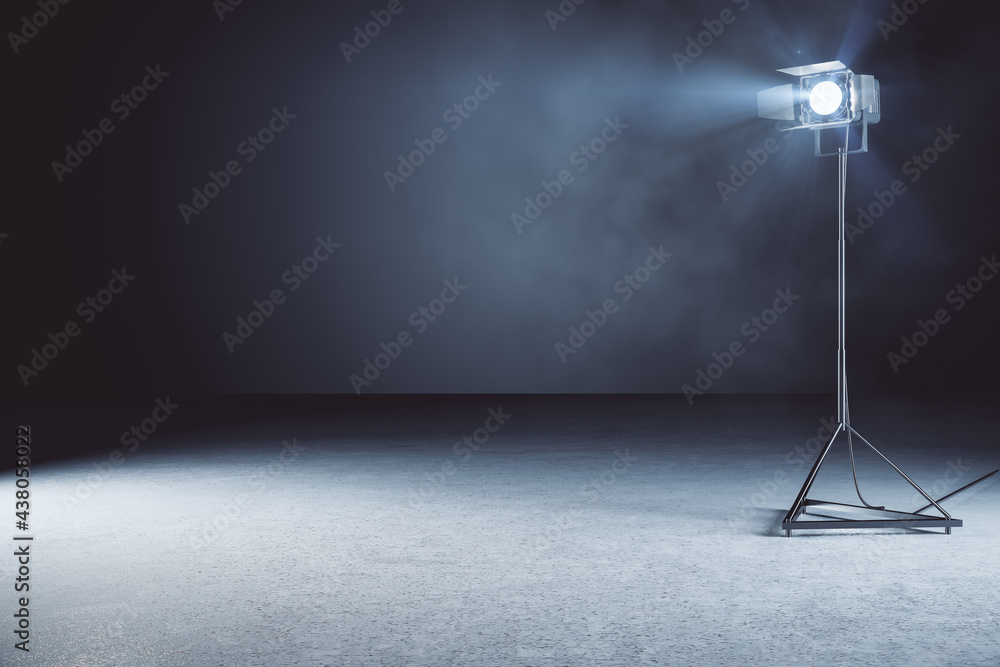Minimalistic concrete photo studio background with lamps and mockup place. 3D Rendering.