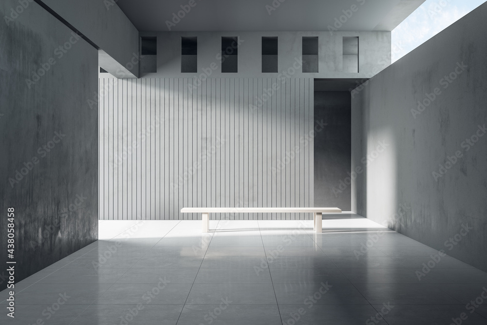 灰色混凝土室内，阳光充足，空墙实体模型。展览、艺术和广告