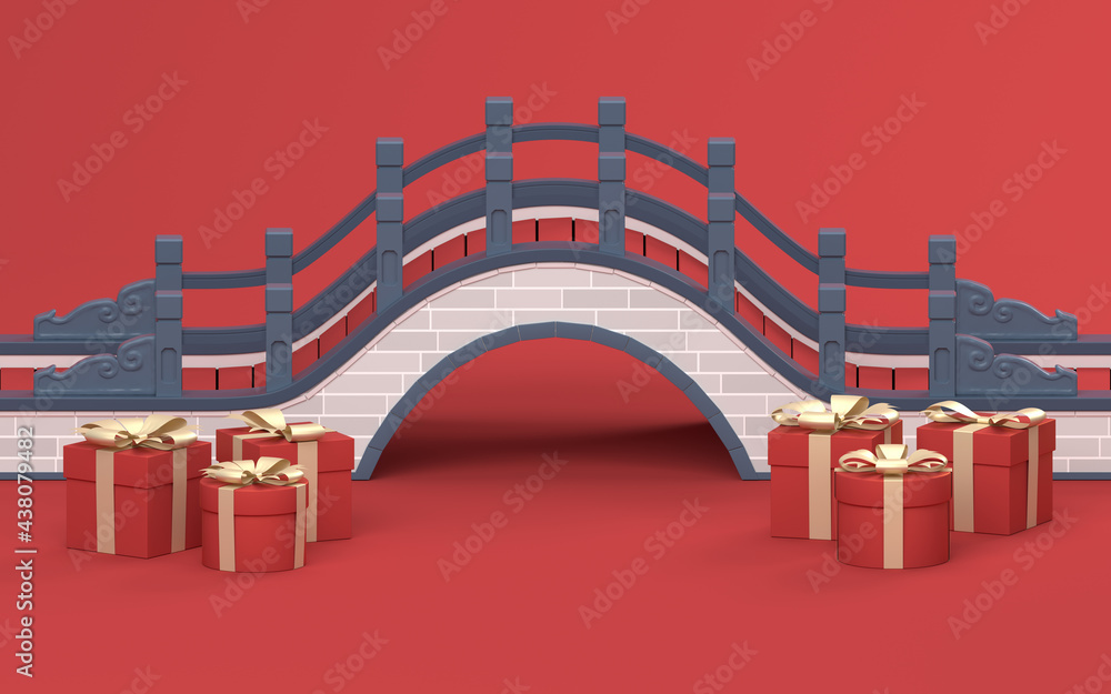 红色背景的中式桥梁，三维渲染